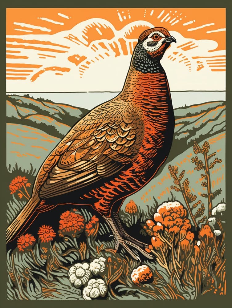 Vintage Bird Linocut Grouse 2