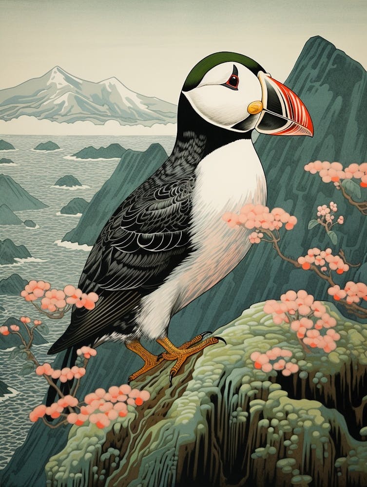 Ohara Koson Inspired Bird Painting Puffin 1
