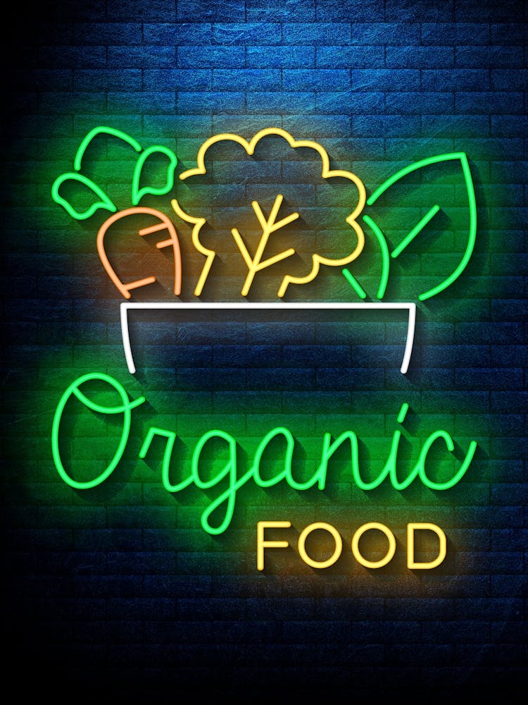 Organic food — Neon food sign, Food kitchen poster, photo art