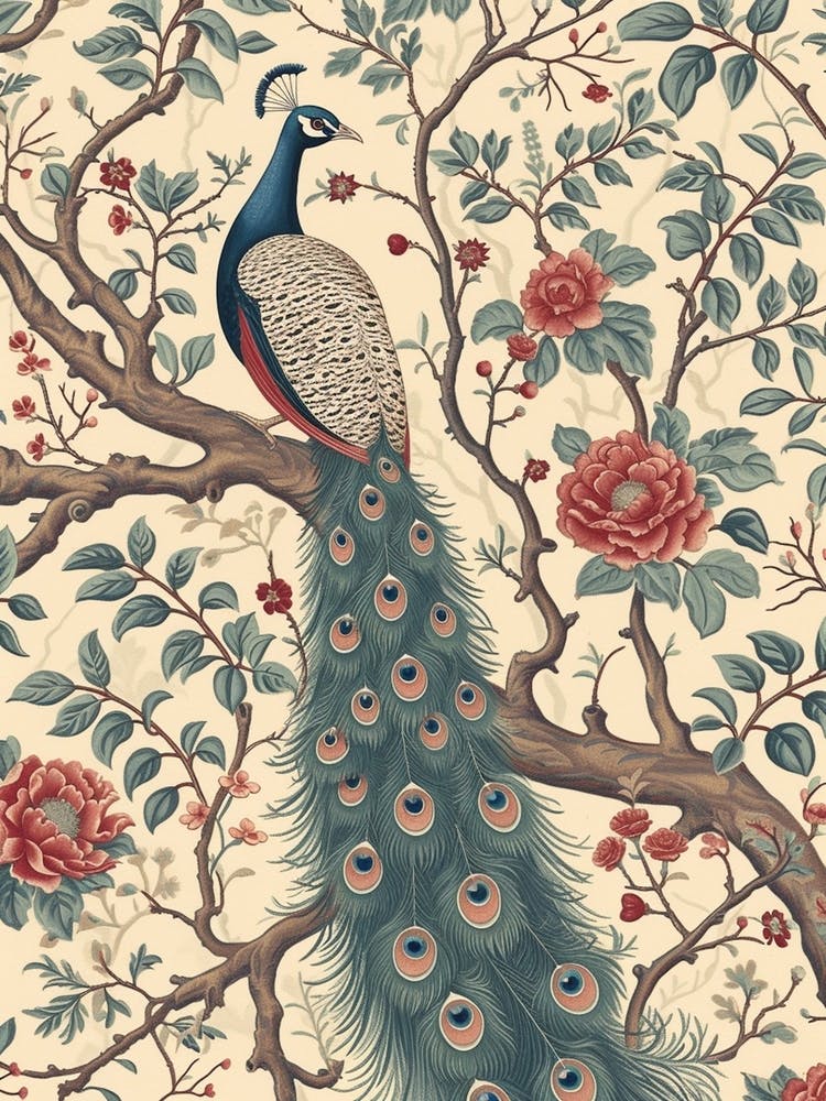 Sepia Floral Peacock In A Tree Wallpaper 2