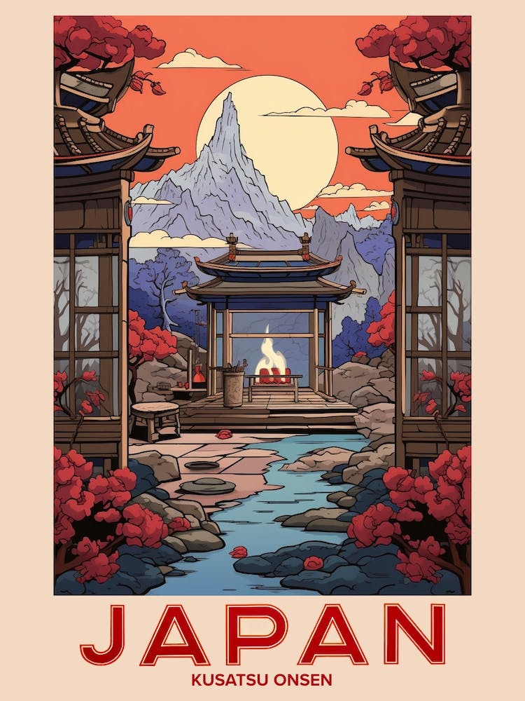 Kusatsu Onsen, Visit Japan Vintage Travel Art 4