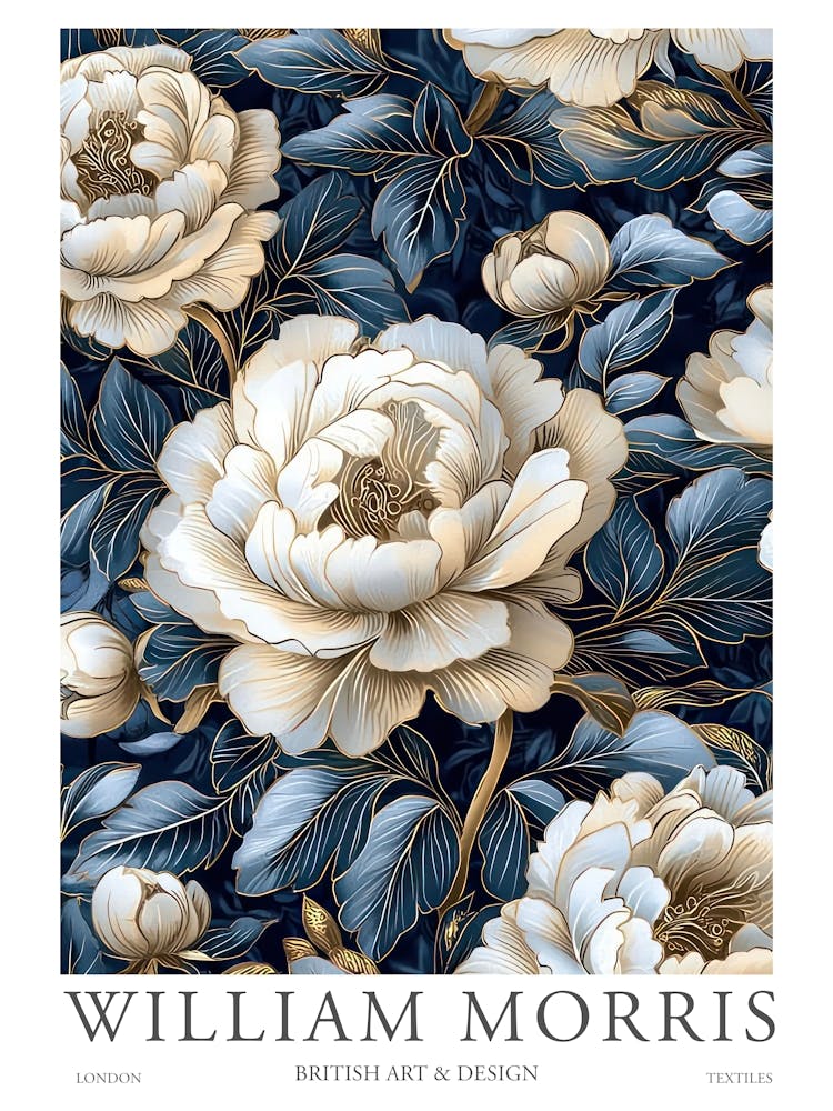 William Morris Prints Blue Flowers William Morris Exhibition Print Navy Blue Gold Poster Vintage