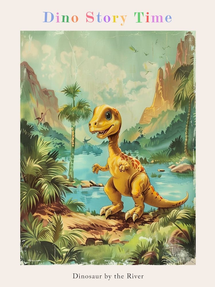 Vintage Süßer Dinosaurier am Fluss Gemälde-Poster