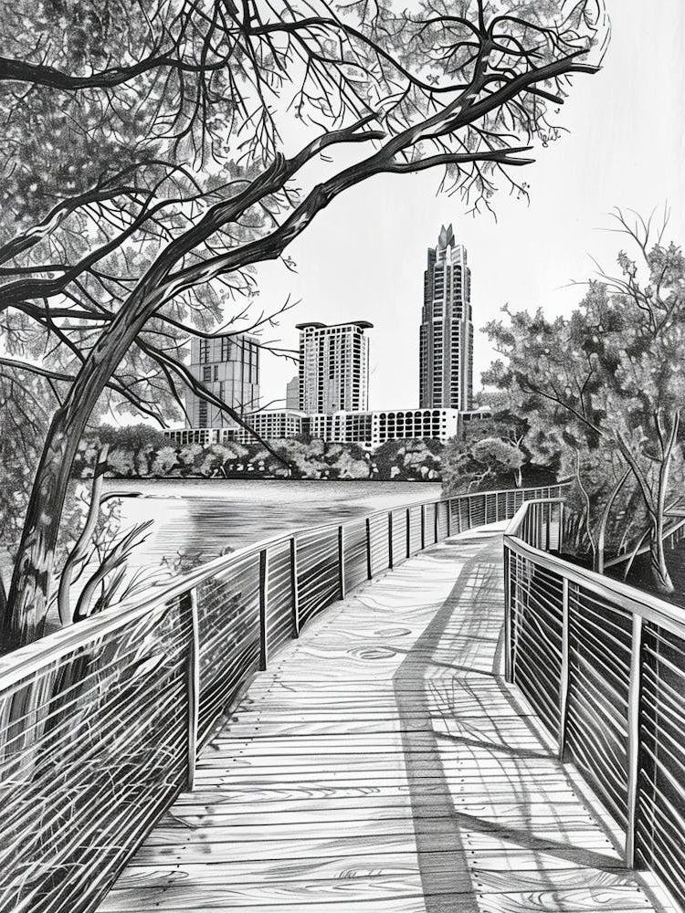 Lady Bird Lake And The Boardwalk Austin Texas Black And White Drawing 3