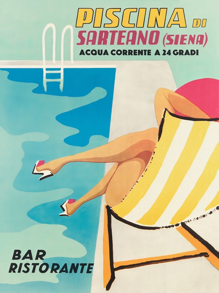 Piscina In Sardino, Woman By The Pool, Colorful Italy Vintage Travel Poster