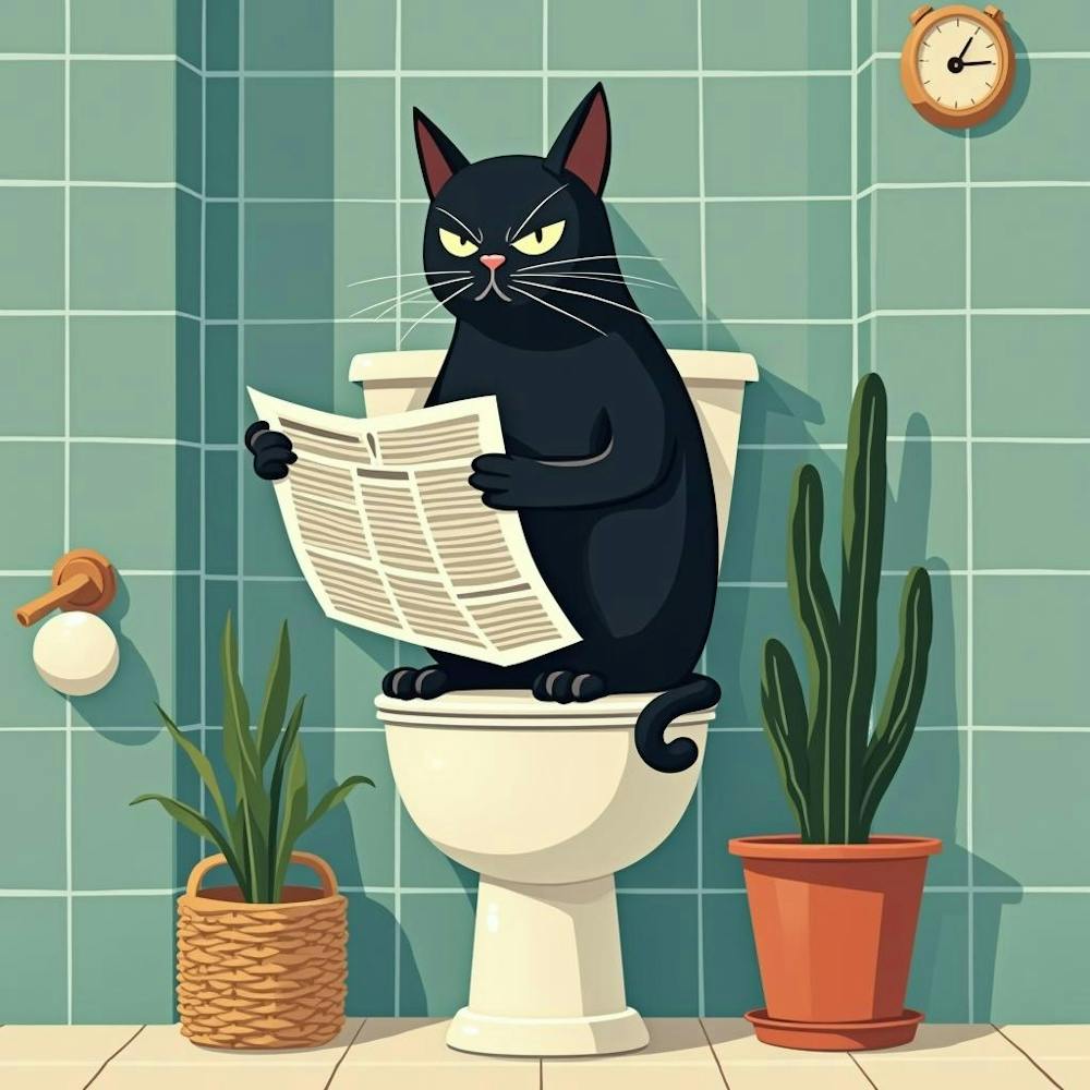 Cartoon Cat Reading Newspaper On Toilet