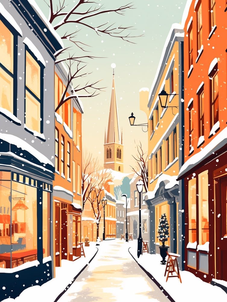 Vintage Winter Travel Illustration Oxford United Kingdom 4