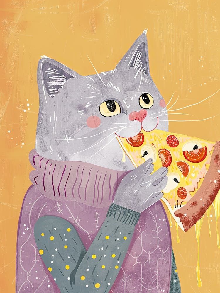 Chat Gris Mangeant une Part de Pizza Illustration Folklorique 4