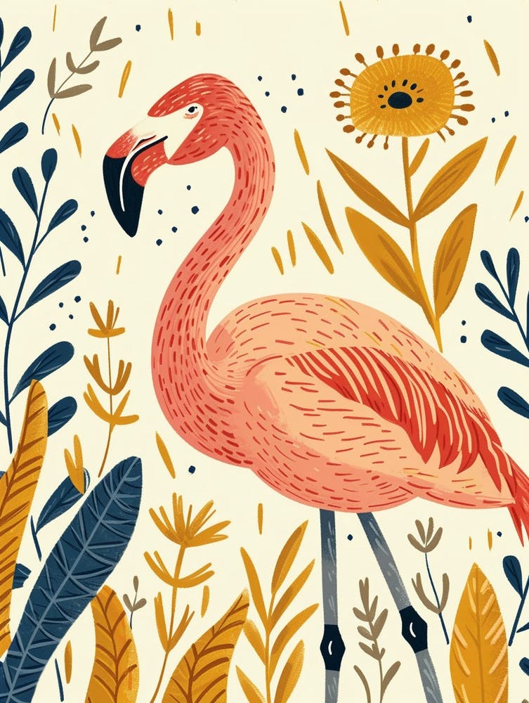 Andean Flamingo And Ginger Plants Minimalist Illustration 4