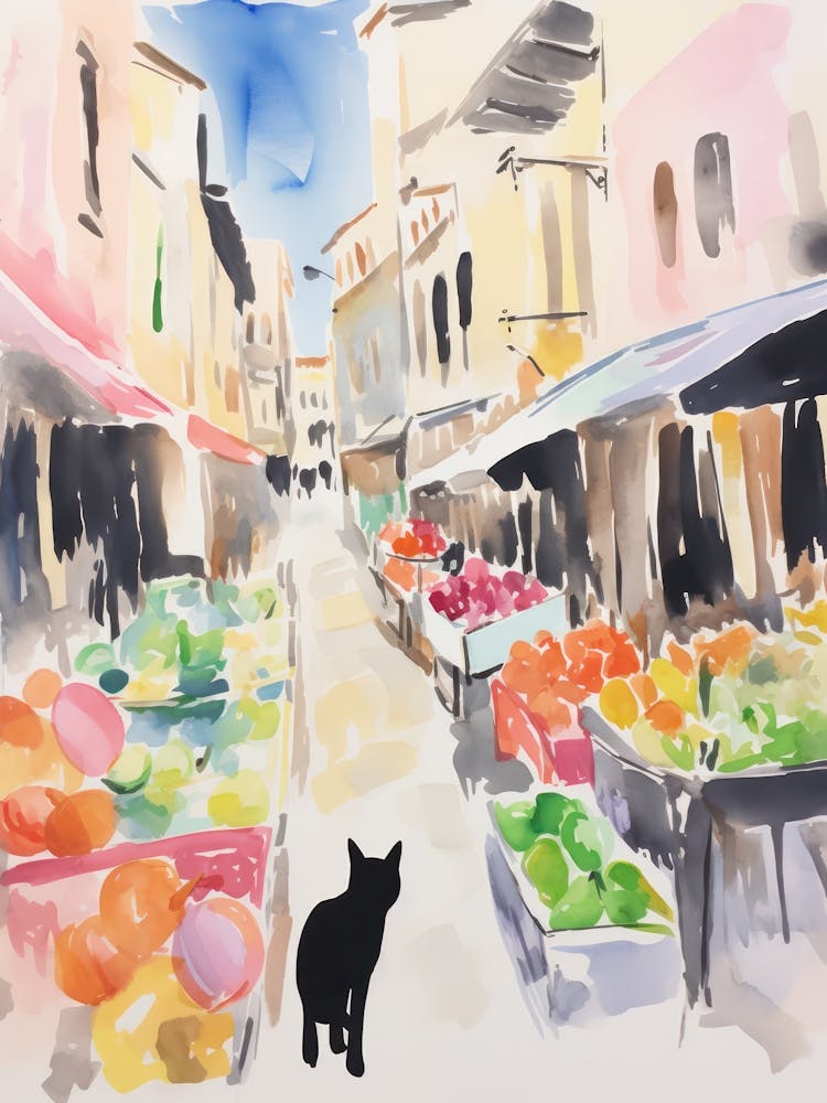 Lebensmittelmarkt mit Katzen in Mallorca 2 Aquarell