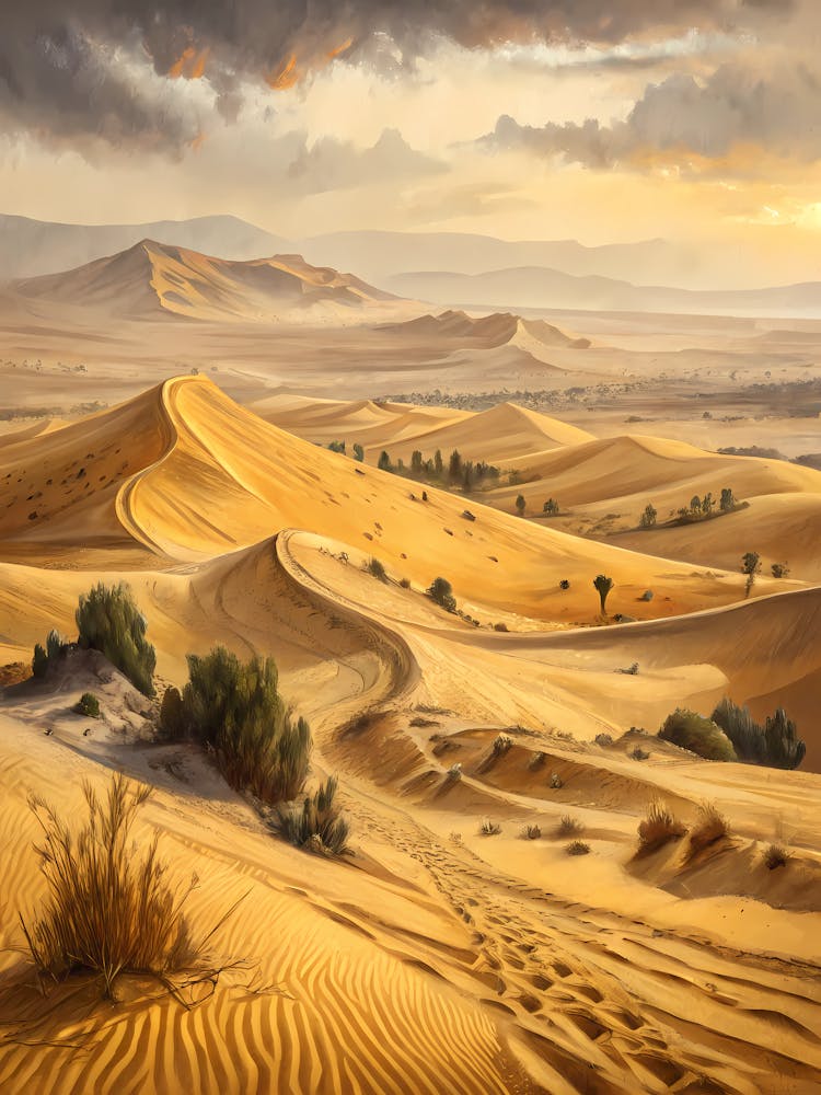 Oil Painting Style A Desert Landscape With Ripplin