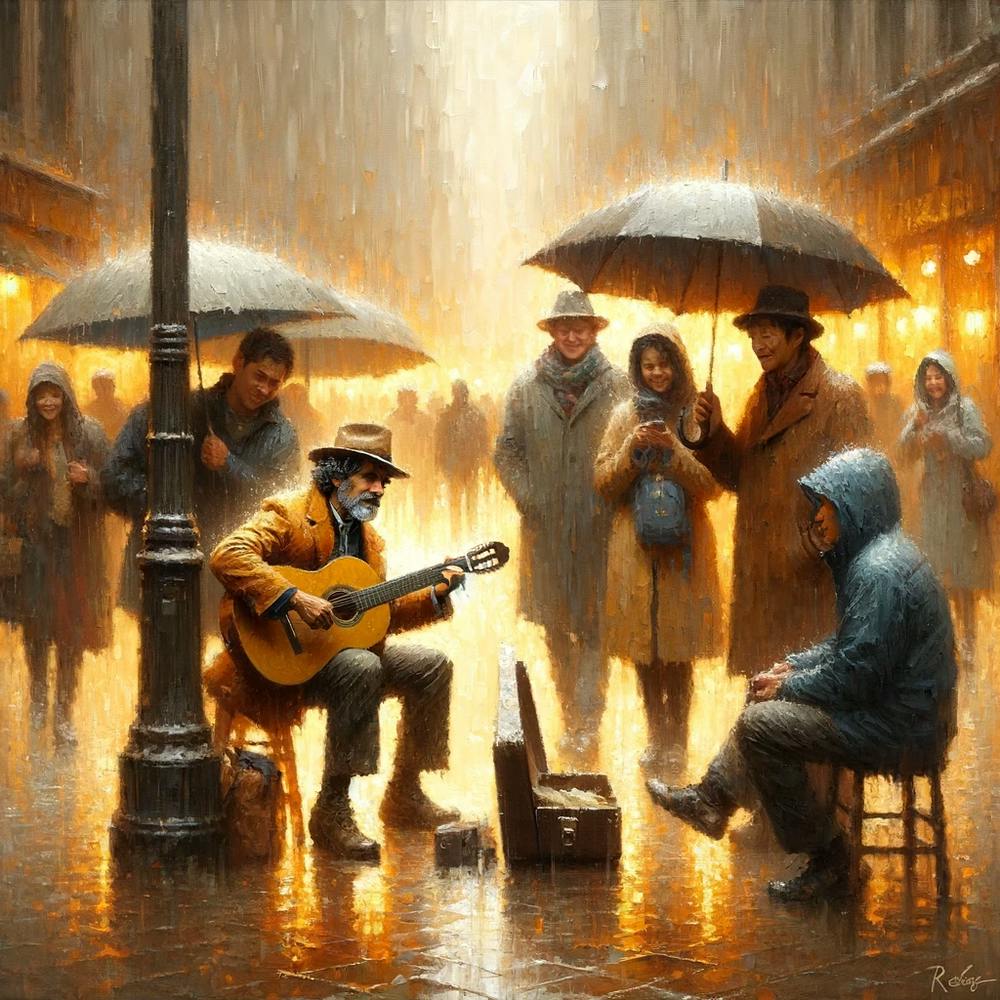 Musicien de rue sous la pluie