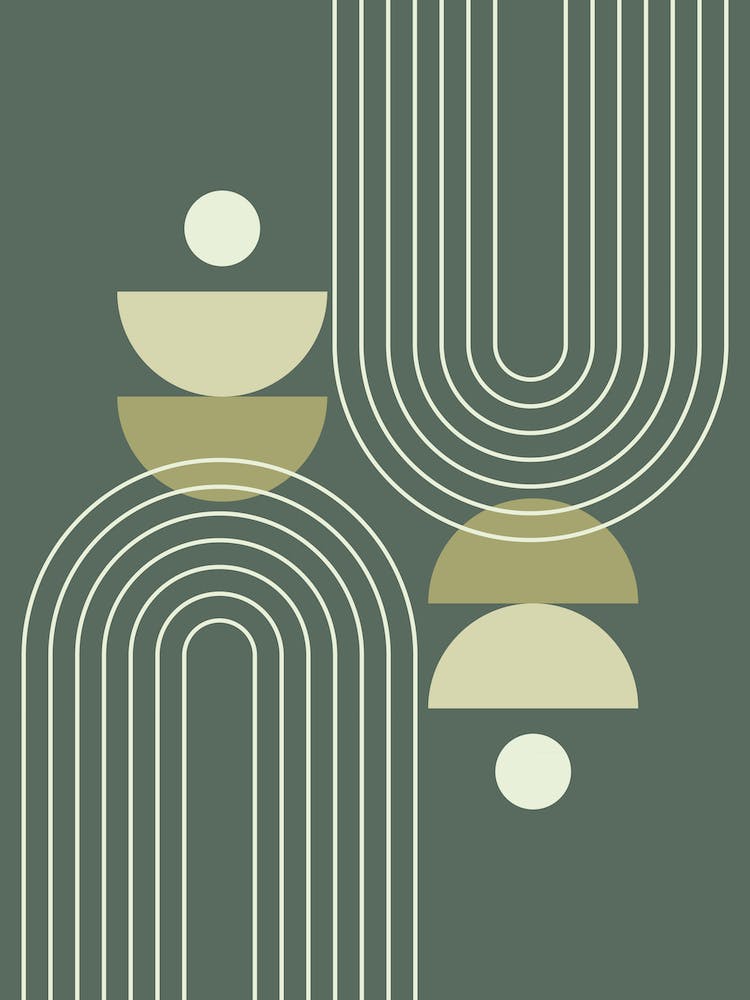 Mid Century Modern Geometric, Sun, Moon Phases, Rainbow Abstract in Forest Sage Green 1