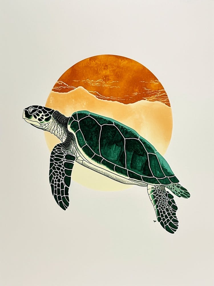 Sea Turtle & The Sunset Vintage Painting Inspired  1