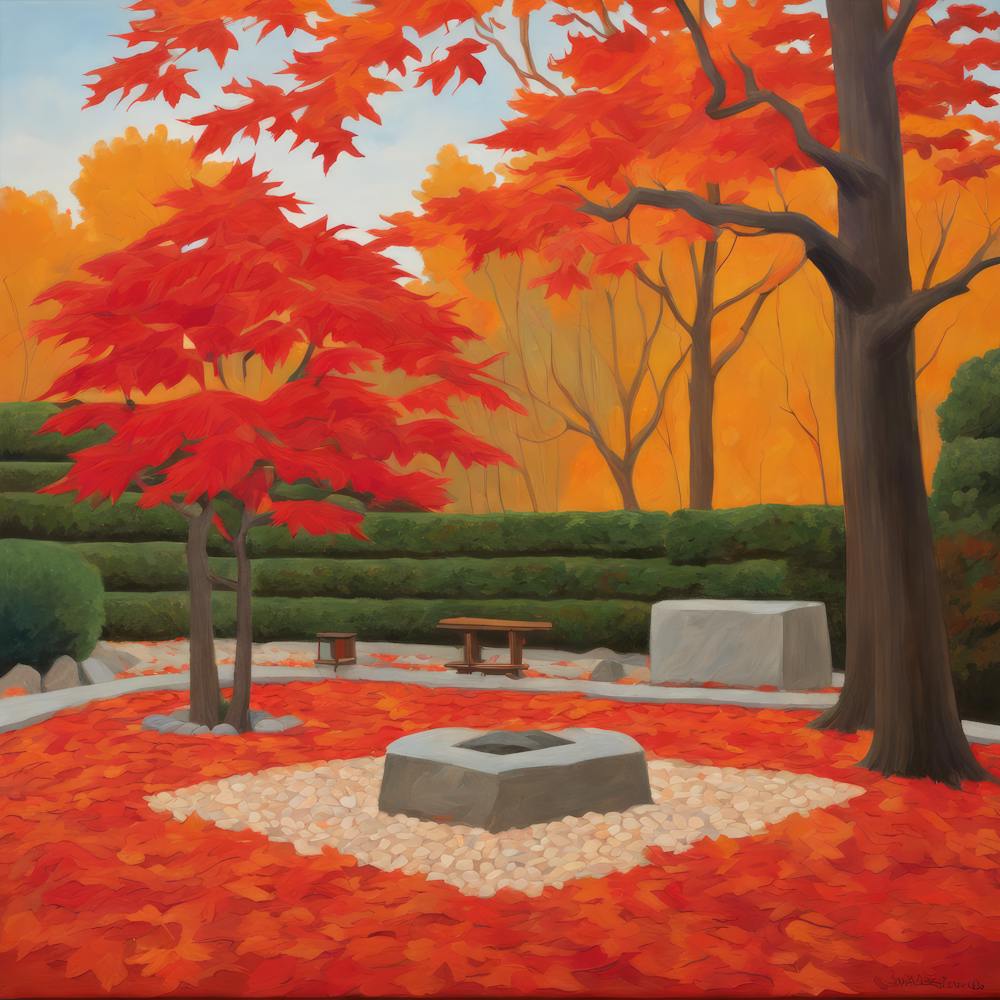 Japanese Zen Garden During Autumn Style of David Hockney 1