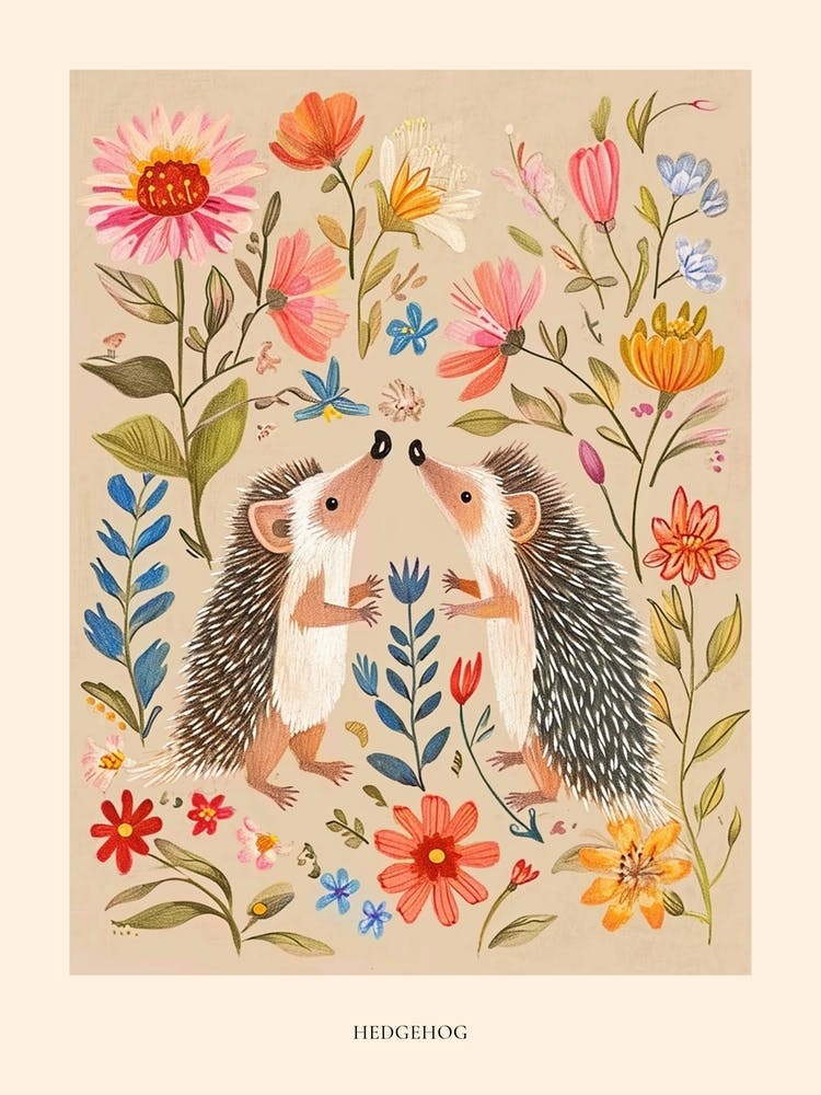 Folksy Floral Animal Drawing Hedgehog 6 Poster