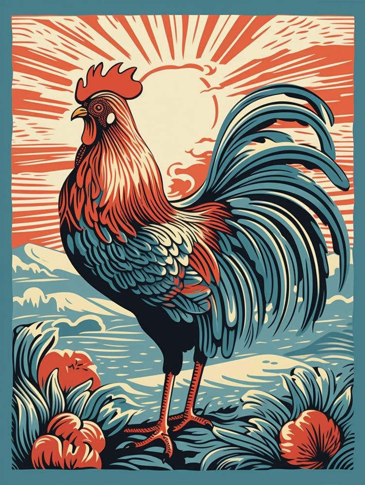 Vintage Bird Linocut Rooster 3