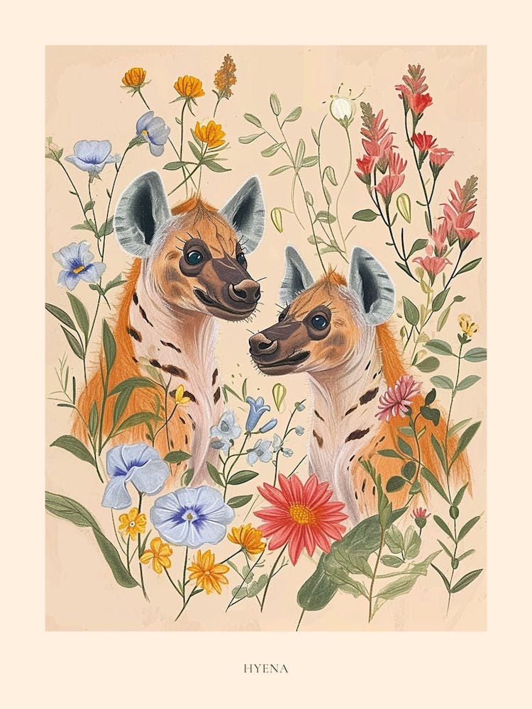 Folksy Floral Animal Drawing Hyena Poster
