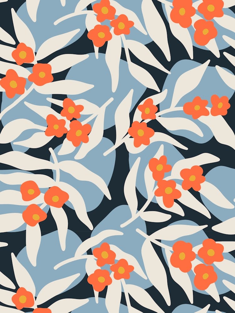 Blossoms on Flowing Leaves and Stones Orange, Blue, Slate