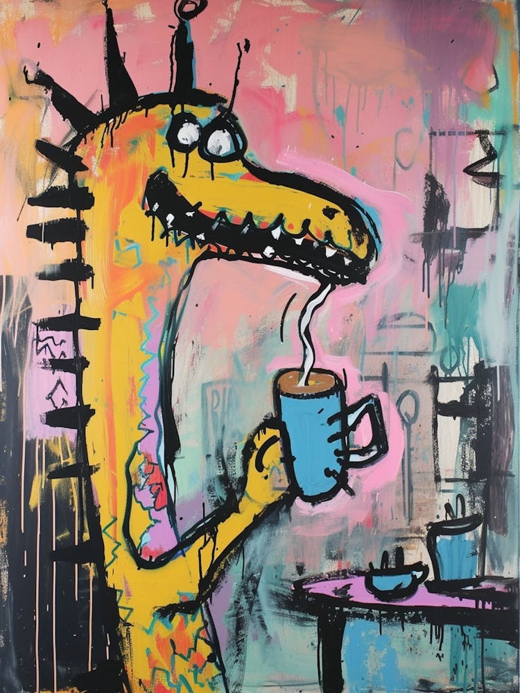 Dinosaurier trinkt Kaffee Pastellrosa Graffiti Pinselstrich 1