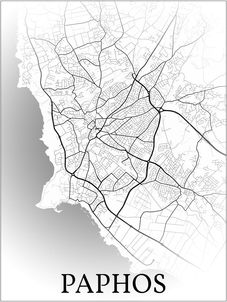 Paphos, Paphos, Cyprus, City Map, Black And White Fade Design