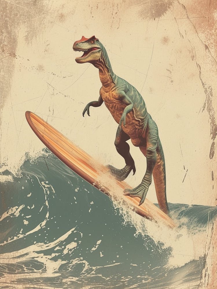 Vintage Deinonychus Dinosaur On A Surf Board   2
