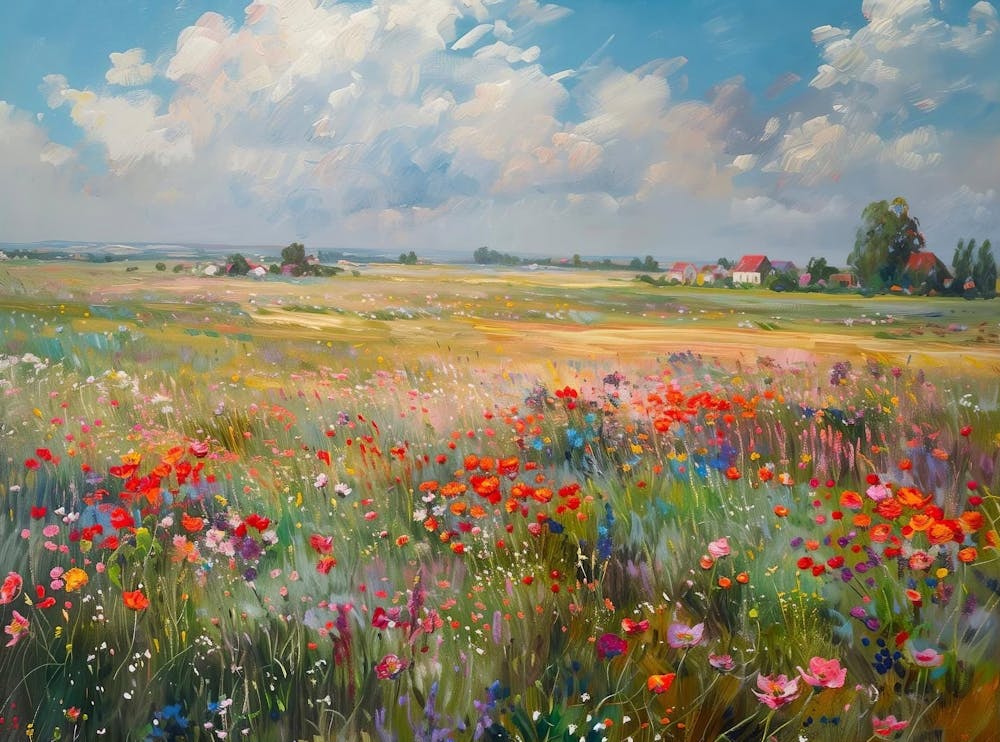Wildflower Field Landscape Oil Painting, Vintage Rustic Landscape Print, Moody Autumn Country Field Wall Art Digital Download, Printable Art