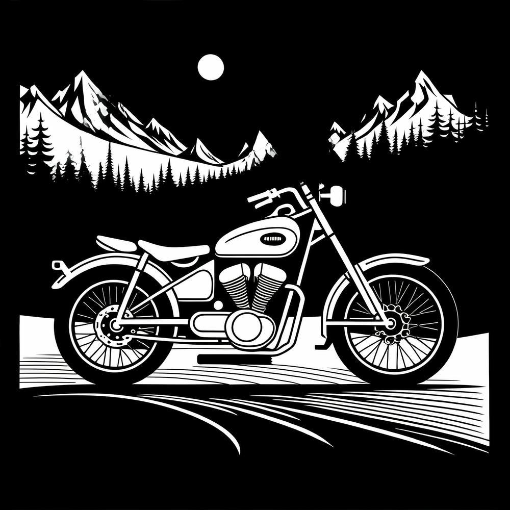 Moto Dans Les Montagnes, art monochromatique noir et blanc