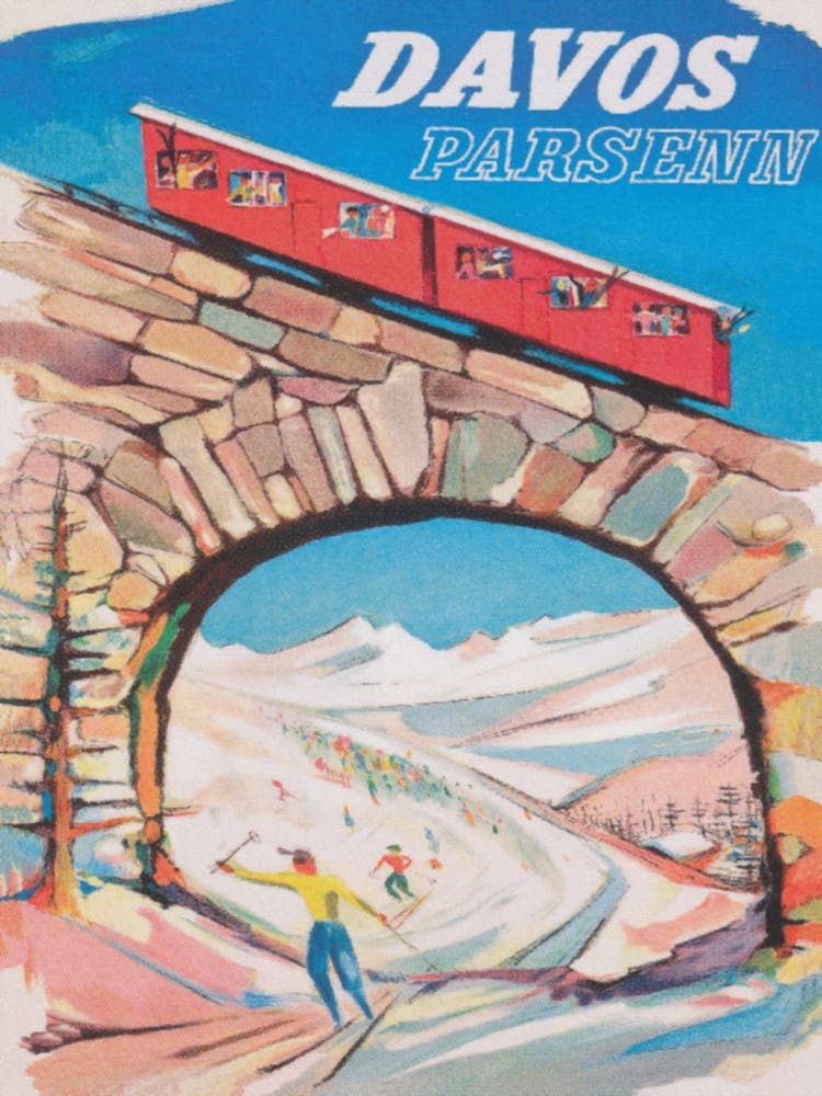 Davos Switzerland, Vintage Travel Poster, Red Tram, Winter Wall Art