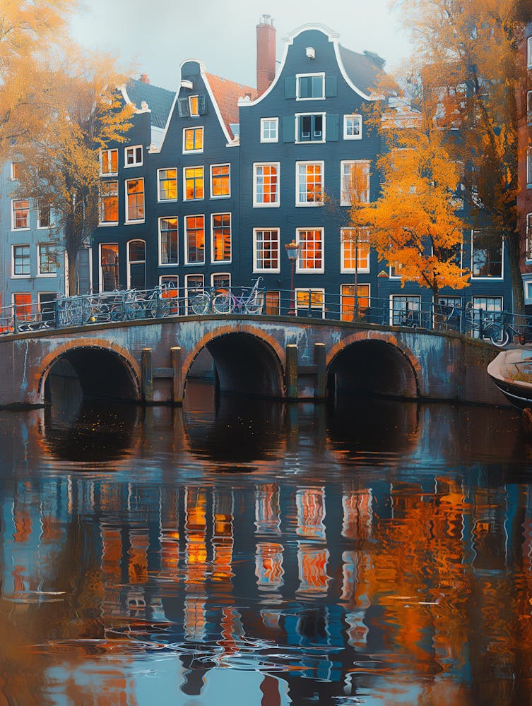 Amsterdam Colorful Buildings And Bridge, Reflections On Water