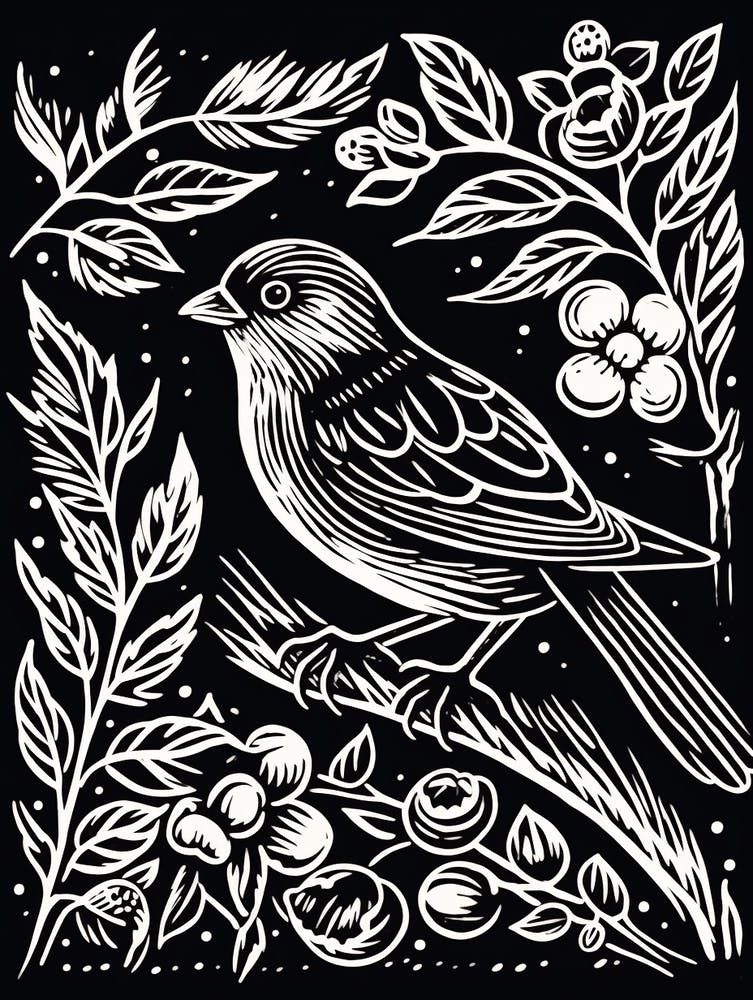 B&W Bird Linocut Finch 2