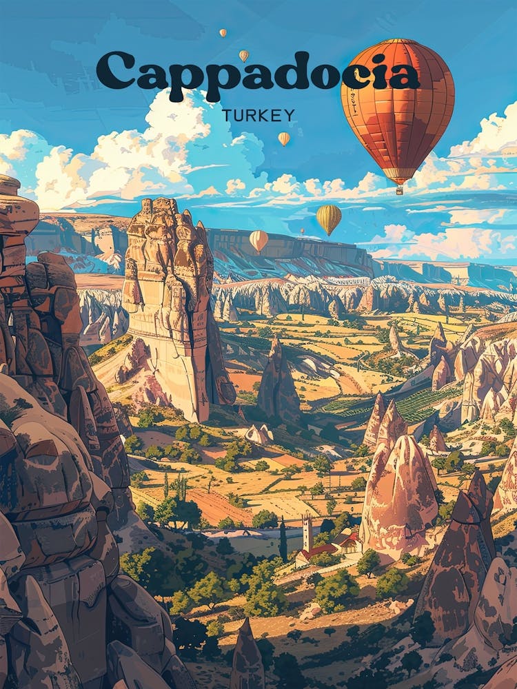 Cappadocia Turkey Hot Air Balloon Digital Travel Illustration