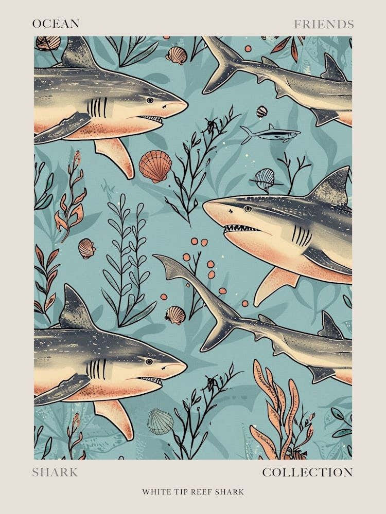 Pastel Blue White Tip Reef Shark Watercolour Seascape Pattern 3 Poster