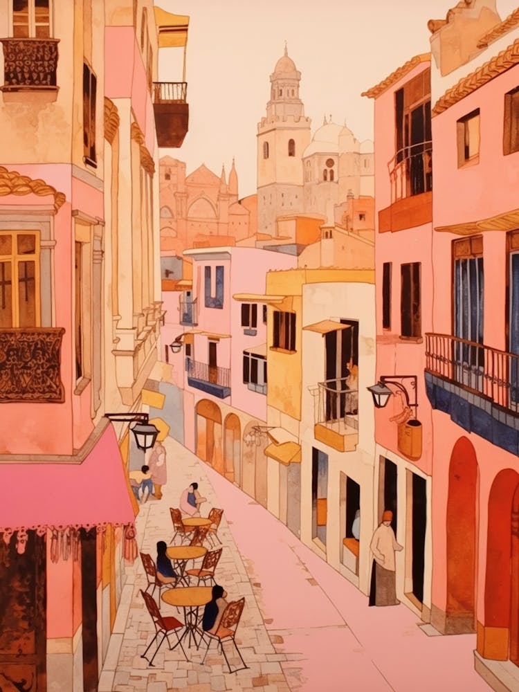 Cadiz Spain 1 Vintage Pink Travel Illustration