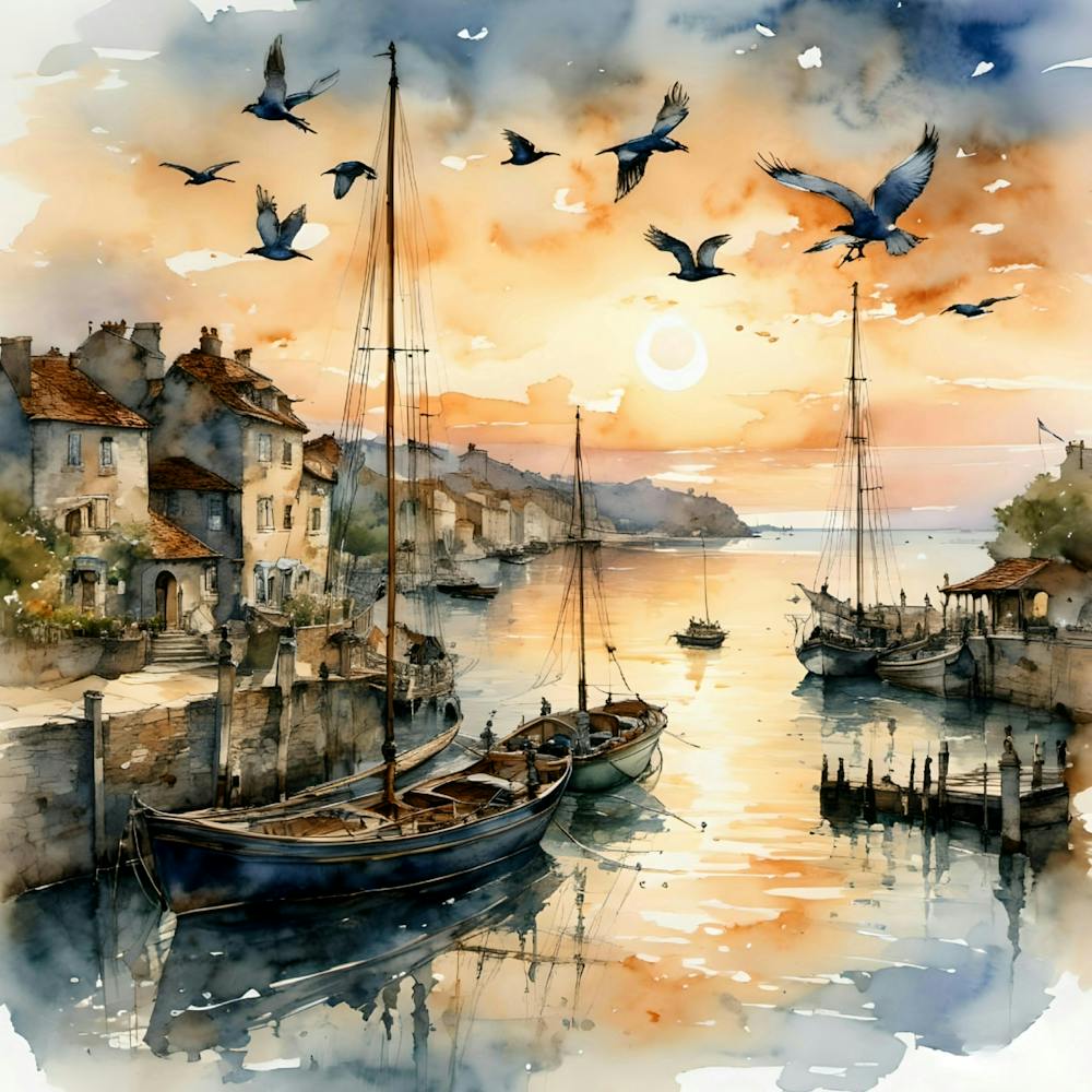 Watercolor Of A Harbor