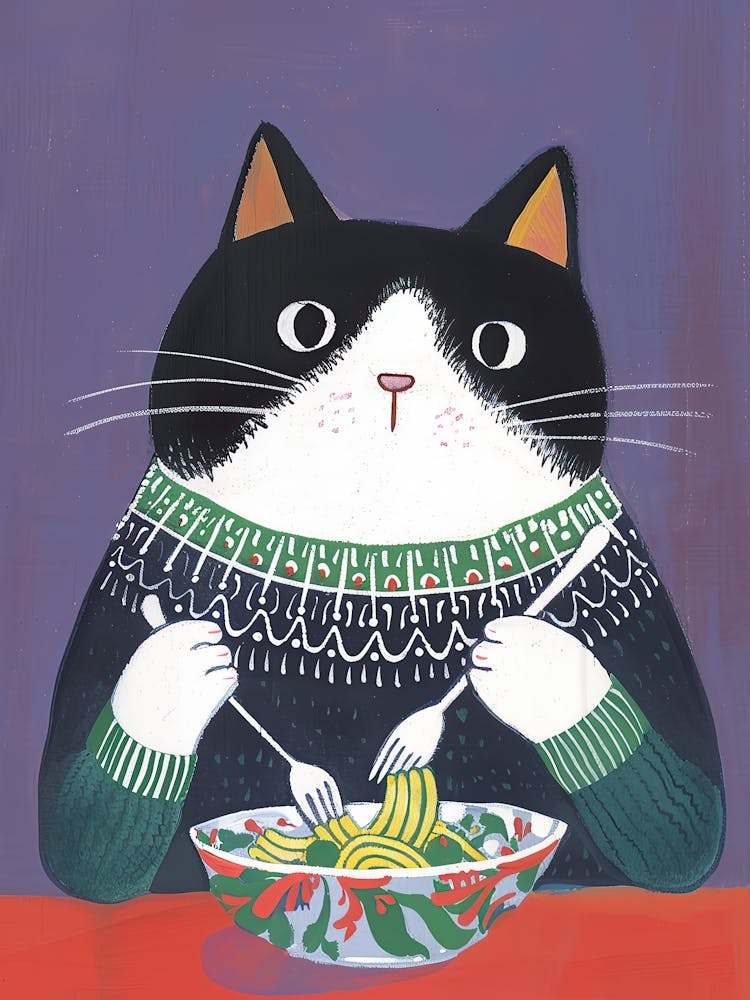 Black And White Cat Eating Pizza Folk Illustration 6