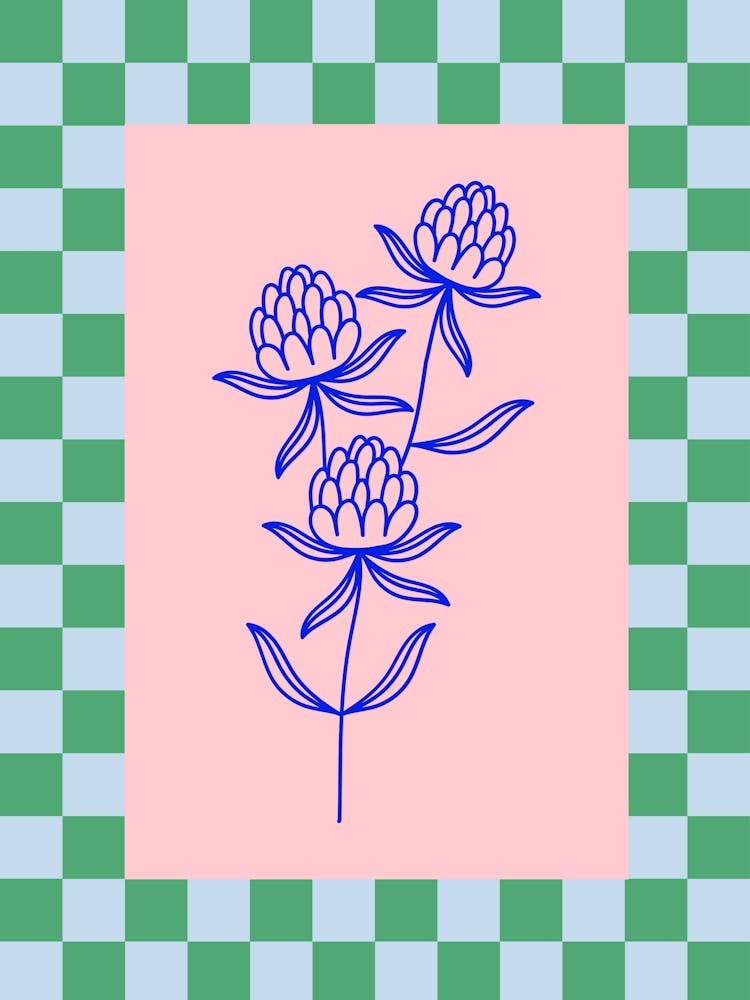 Modern Checkered Flower Poster Blue & Pink 16