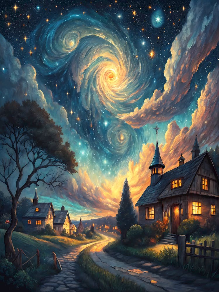Enchanted Village Night Starry Swirling Sky Over Peaceful Cottages oil painting