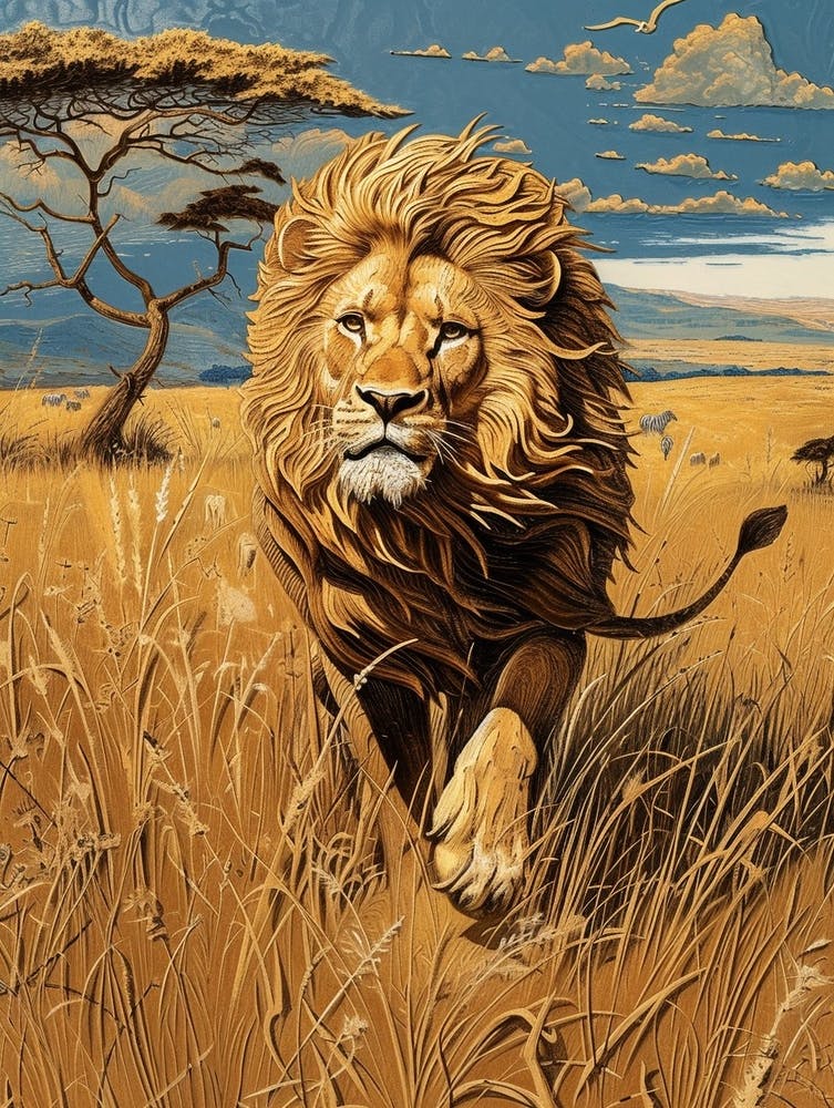 African Lion Relief Illustration Hunting 1