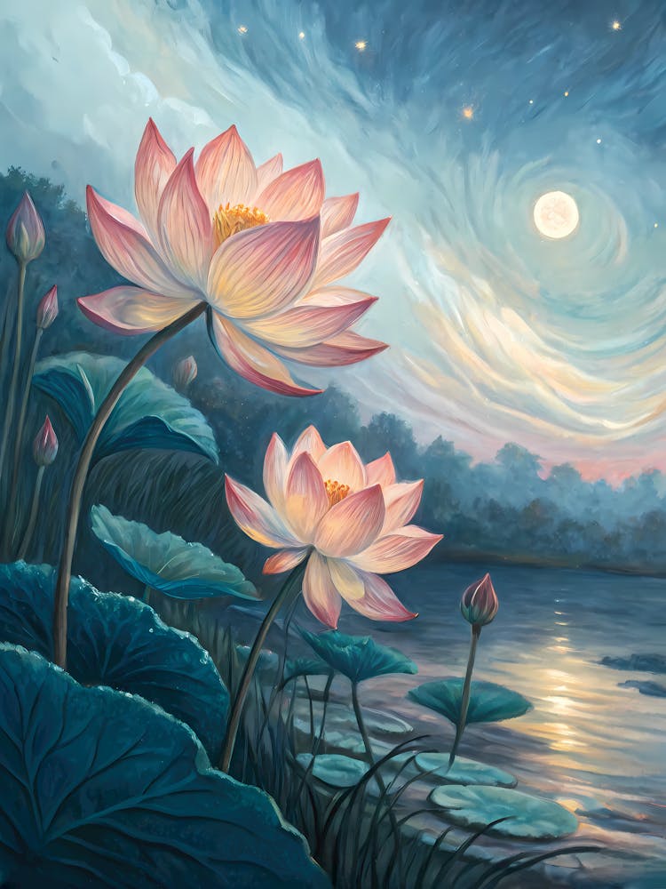Van Gogh Moonlit Lotus Pond Surreal Floral Landscape