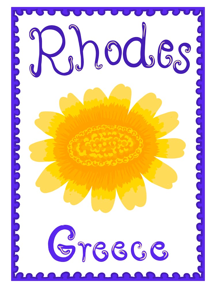 Rhodes Greece Bold Chrysanthemum Flower Yellow Blue and White Folk Art