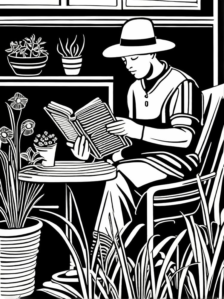 Lino cut Inspired black and white Reading In the Garden Art, Garden Girl Art, Gardening reading, 235