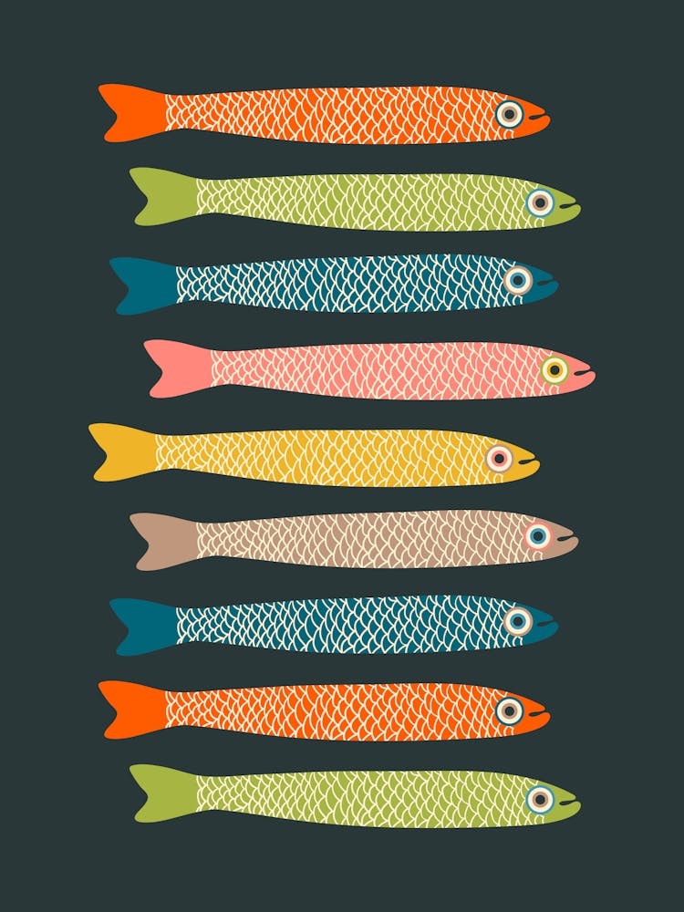 ANCHOVIES Retro Swimming Fish Horizontal in Vintage Colours Orange Green Blue Pink Yellow Beige on Charcoal