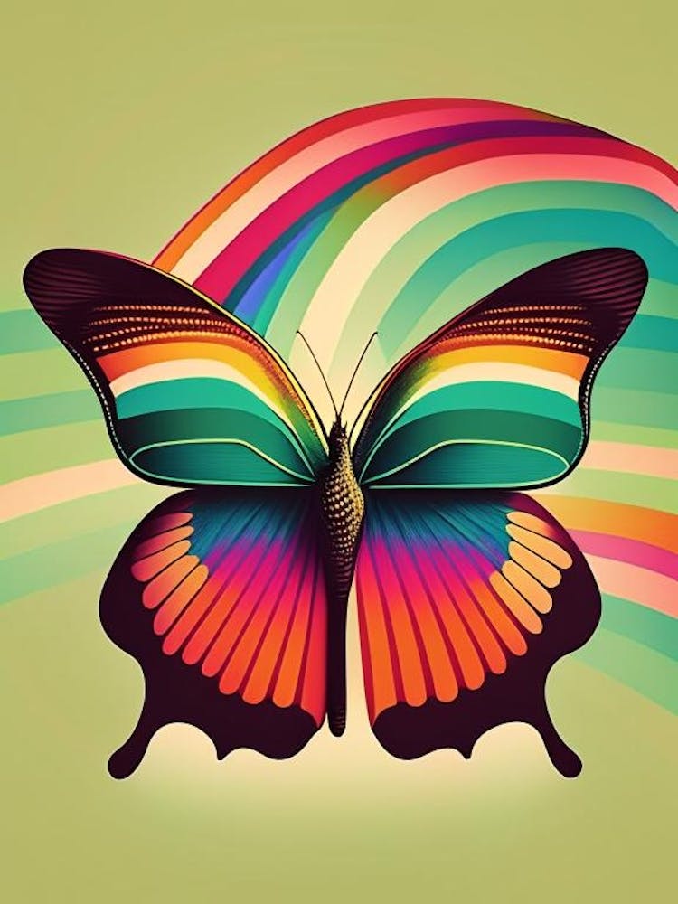 Butterfly On Rainbow Retro Illustration 1