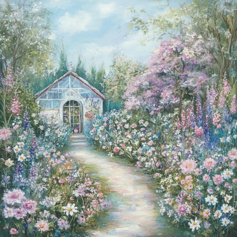 french garden scene with blooming flowers 3