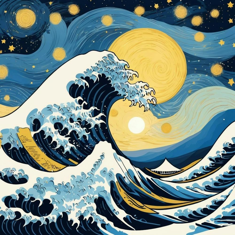 The Great Waves Off Kanagawa Logo At Starry Night Van Gogh Painting
