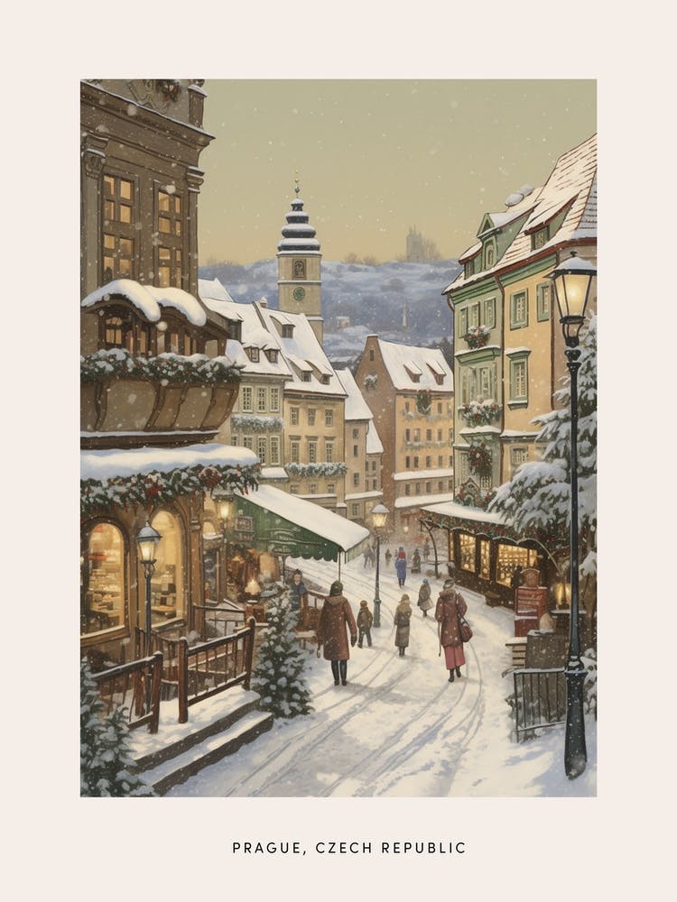 Vintage Winterposter Prag Tschechische Republik 1