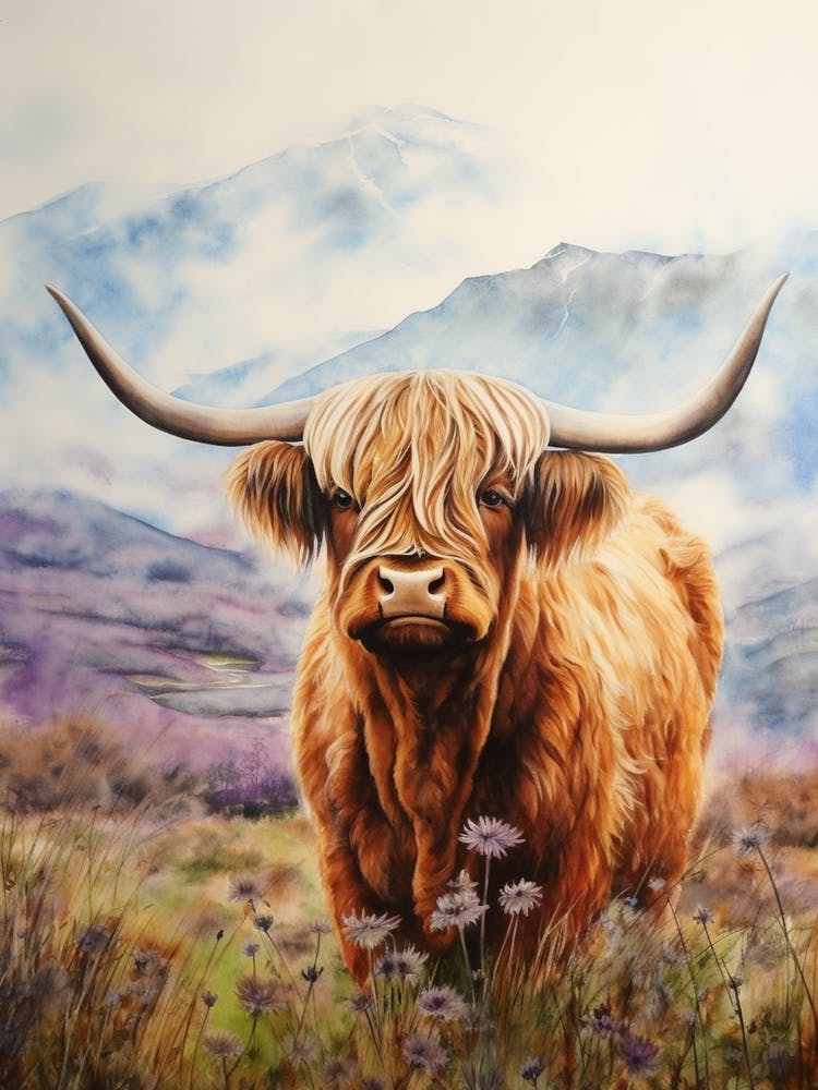 Watercolour Mountain Highland Cow 3