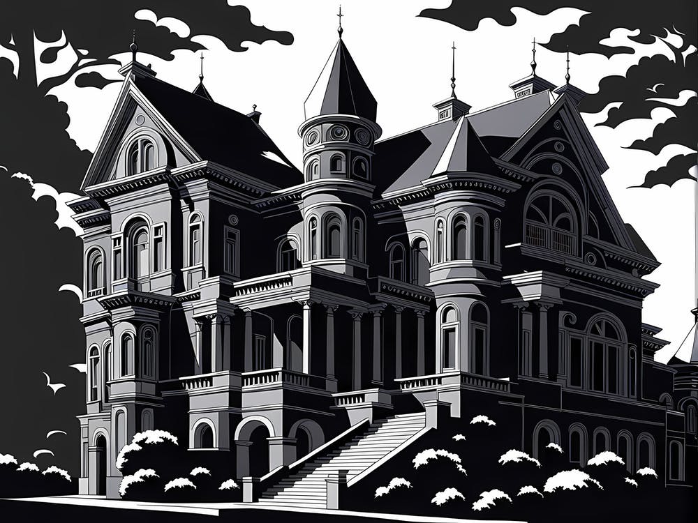 Victorian House, black and white monochromatic art 1