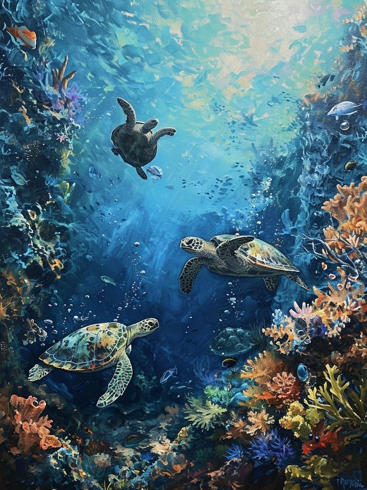 Sea Turtles With A Coral Reef Expressionism Style Painting 1